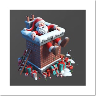 Santa Claus stuck in a chimney, with his feet dangling out and presents scattered around Posters and Art